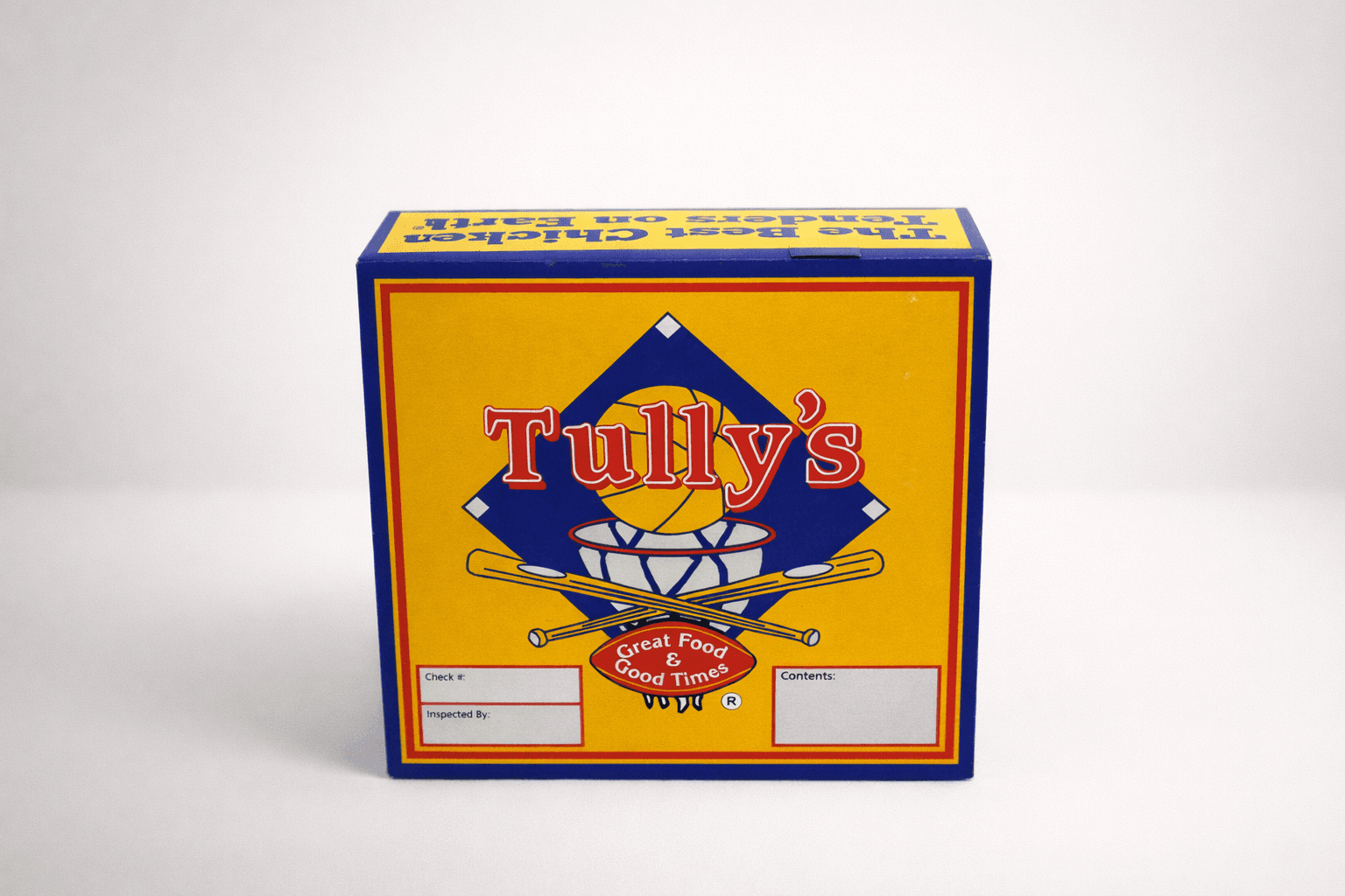 Yellow and blue fried chicken box with retro sports-themed branding