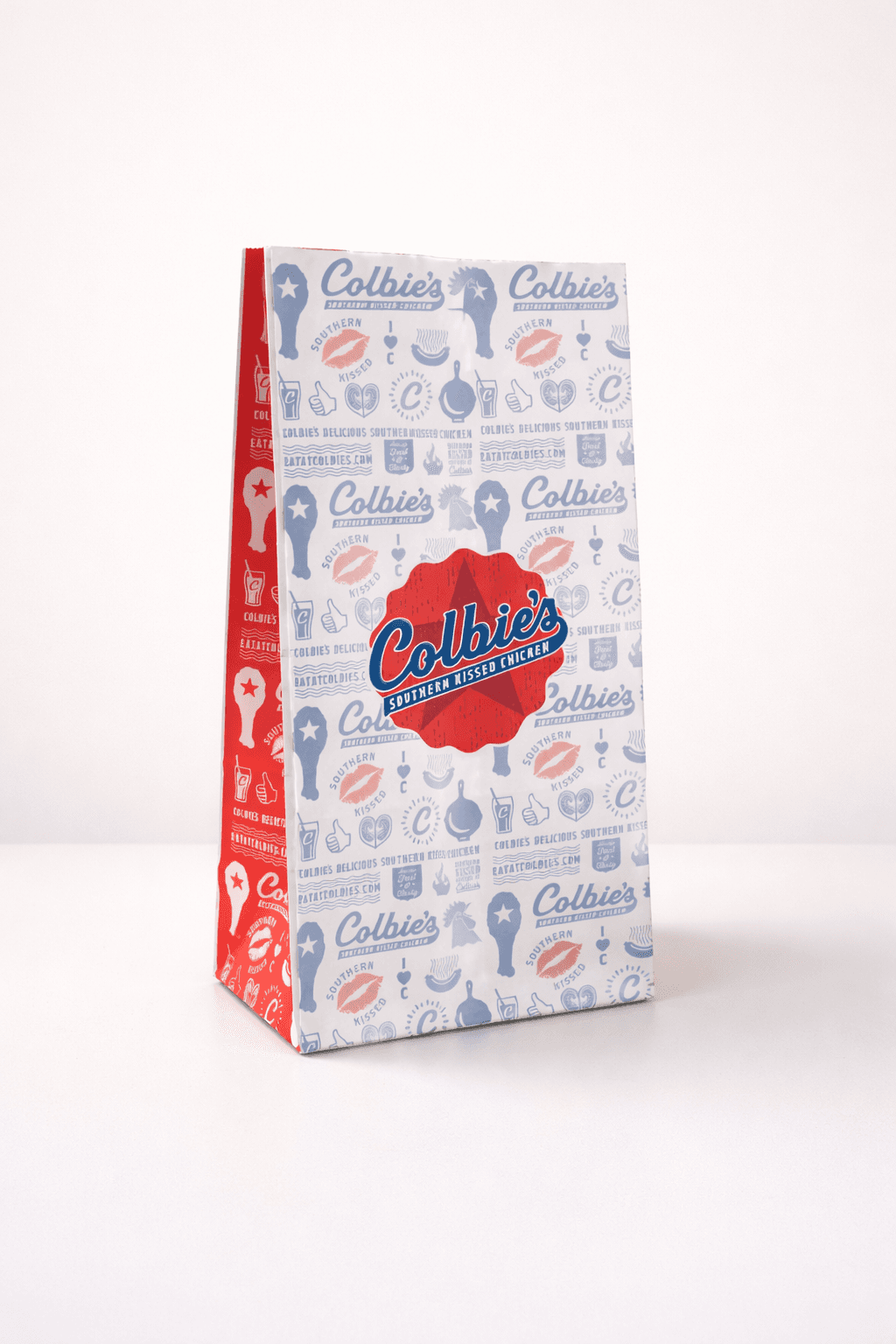 Branded SOS paper bag with all-over pattern print for fried chicken restaurant