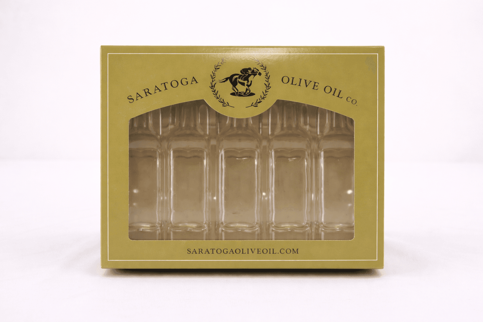 Olive green gift box with window and molded insert holding glass bottles