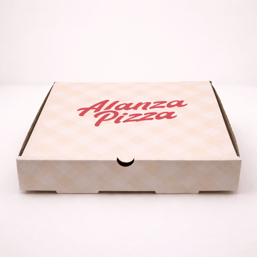 Custom printed pizza box for Alanza Pizza featuring red script logo on cream background with subtle checkered pattern