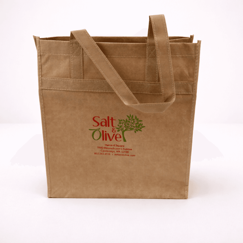 Tan reusable non-woven shopping bag with printed logo and store information