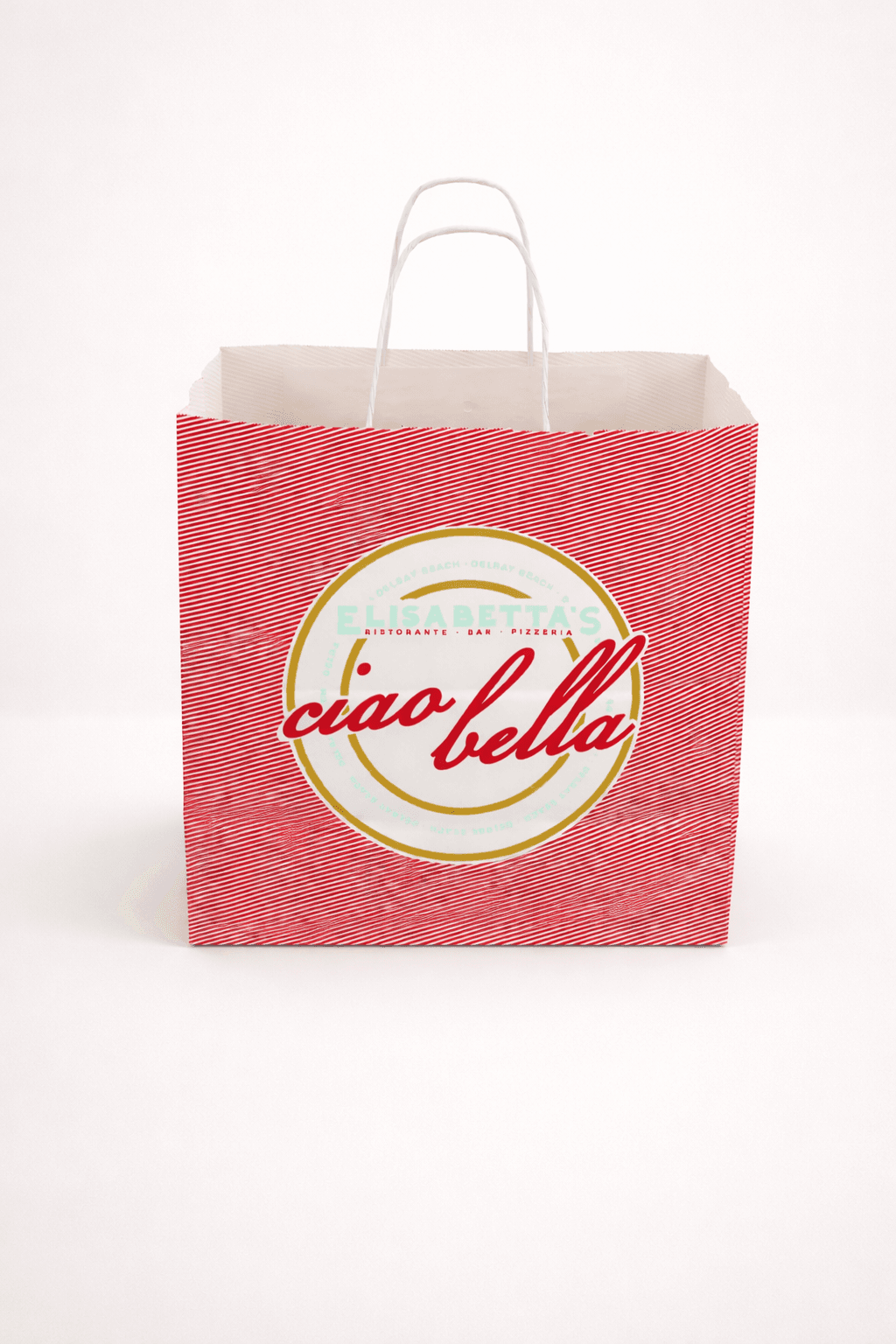 Red and white twisted handle paper bag with restaurant branding